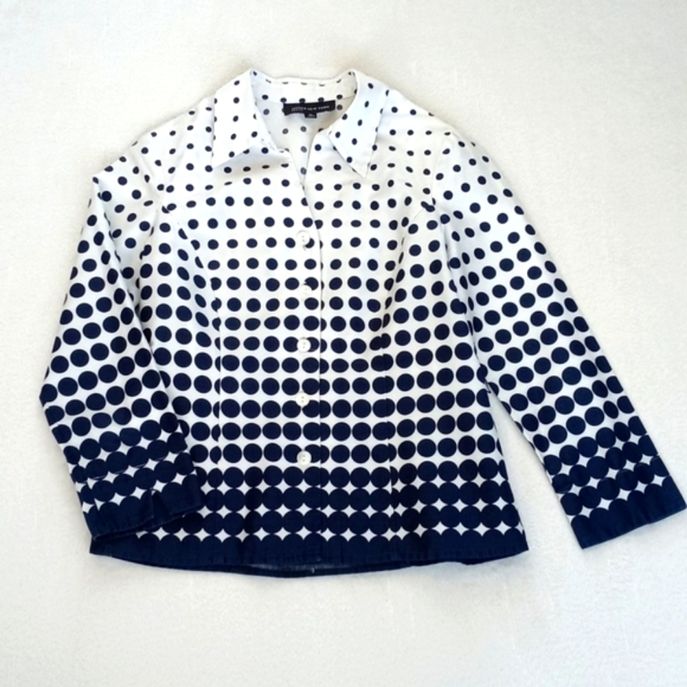 Jones New York White w Navy Blue Polka Dot Mid-Century Modern 3/4 Sleeve Top P/S - Picture 5 of 12